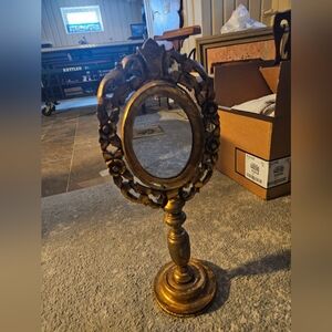 Itallian Vintage Carved Wood Gold Leaf Mirror On Stand